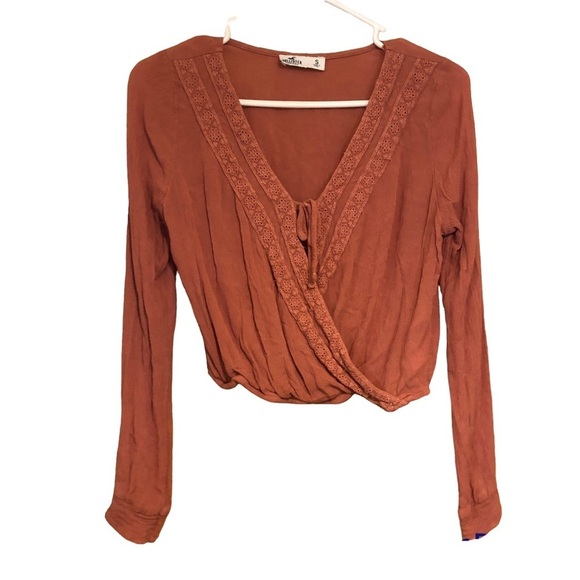 Hollister Tops - Hollister Long Sleeve Embroidered Wrap Crop Top Sz S